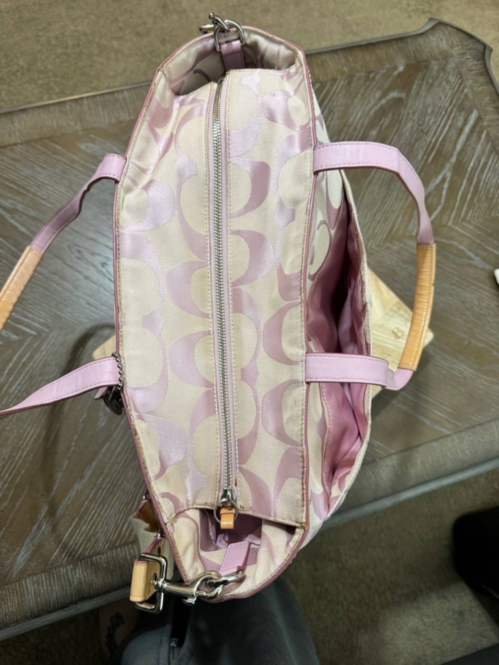 Coach Pink and Tan Signature Canvas Tote/ Diaper bag with Charm - Picture 9 of 17